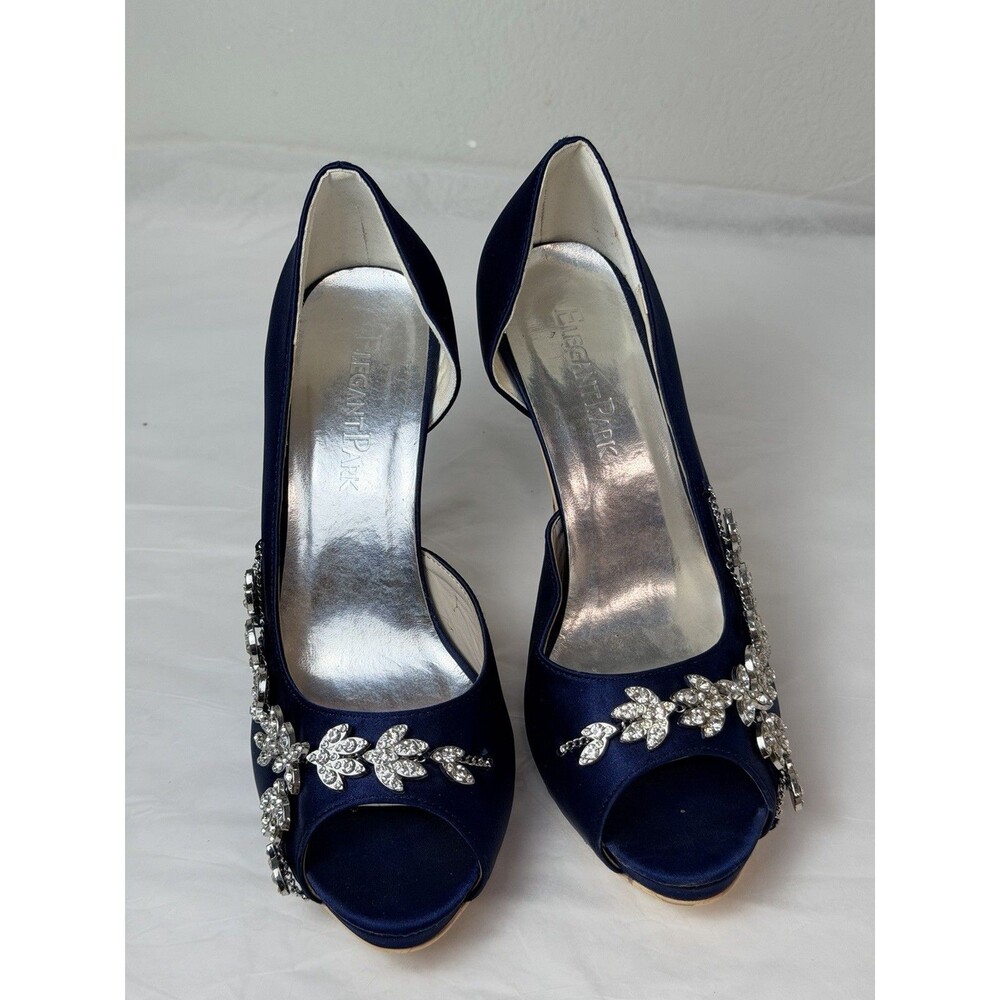 ElegantPark Navy Blue Satin Peep Toe Wedding Heels Rhinestone Women Size 8